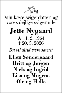 Dødsannoncen for Jette Nygaard - Vildbjerg