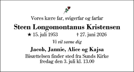 Dødsannoncen for Steen Longomontanus Kristensen - Sunds