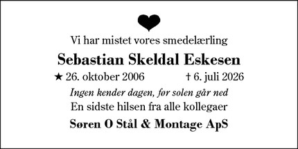 Dødsannoncen for Sebastian Skeldal Eskesen - Herning