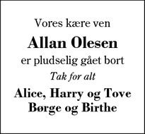 Dødsannoncen for Allan Olesen - Gjellerup 