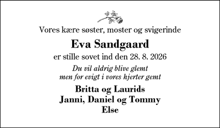 Dødsannoncen for Eva Sandgaard - Vildbjerg