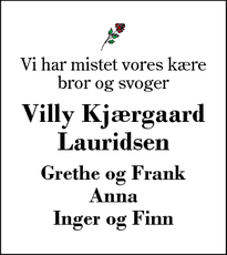Dødsannoncen for Villy Kj&aelig;rgaard Lauridsen - Herning