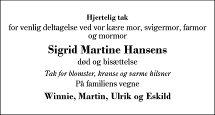 Taksigelsen for Sigrid Martine Hansen - Borup
