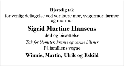 Taksigelsen for Sigrid Martine Hansen - Borup