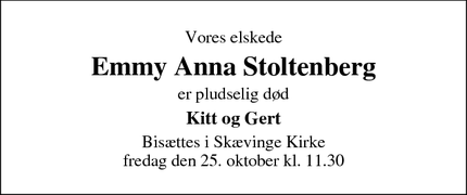 Dødsannoncen for Emmy Anna Stoltenberg - Skævinge