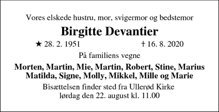 Dødsannoncen for Birgitte Devantier - Hillerød
