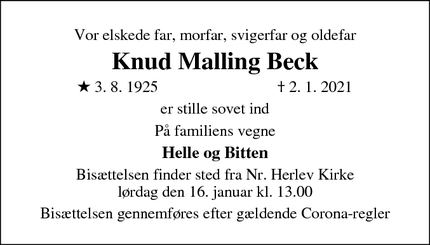Dødsannoncen for Knud Malling Beck - Silkeborg