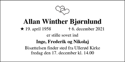 Dødsannoncen for Allan Winther Bjørnlund - Hillerød