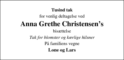 Taksigelsen for Anna Grethe Christensen&rsquo; - Meløse, Skævinge, Hillerød