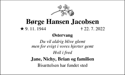 Dødsannoncen for Børge Hansen Jacobsen - Hillerød