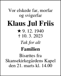 Dødsannoncen for Klaus Jul Friis - Hillerød