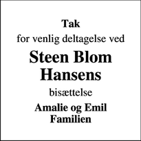 Dødsannoncen for Steen Blom
Hansens - Alsønderup