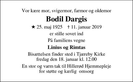 Dødsannoncen for Bodil Dargis - Tulstrup