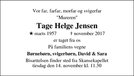 Dødsannoncen for Tage Helge Jensen - Hillerød
