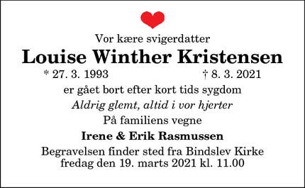 Dødsannoncen for Louise Winther Kristensen - Hjørring