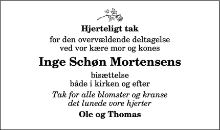 Dødsannoncen for Inge Schøn Mortensens - Hirtshals
