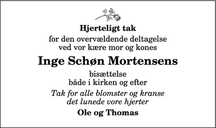 Dødsannoncen for Inge Schøn Mortensens - Hirtshals