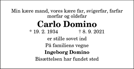 Dødsannoncen for Carlo Domino - Hobro