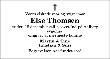 Dødsannoncen for Else Thomsen - Ålestrup