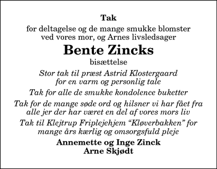 Taksigelsen for Bente Zincks - Sønder Onsild, Hobro