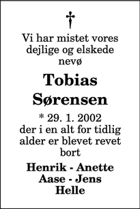 Dødsannoncen for Tobias Sørensen - Nørre Onsild