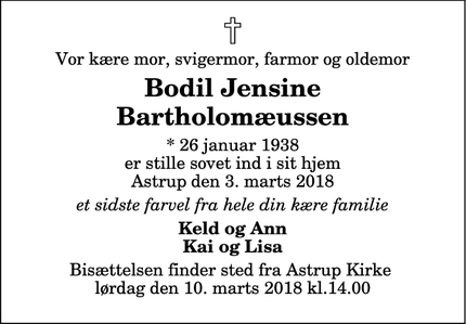 Dødsannoncen for Bodil Jensine
Bartholomæussen - Astrup