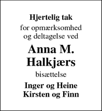Dødsannoncen for Anna M.
Halkjærs - Holstebro