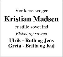 Dødsannoncen for Kristian Madsen - Skave (Holstebro) 