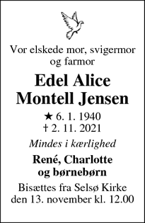 Dødsannoncen for Edel Alice
Montell Jensen - Skibby