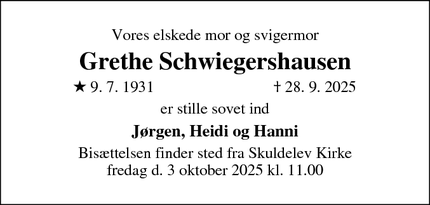 Dødsannoncen for Grethe Schwiegershausen - Skuldelev/Frederikssund