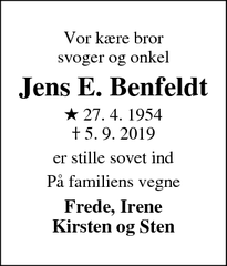 Dødsannoncen for Jens E. Benfeldt - RakMølle