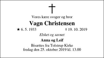 Dødsannoncen for Vagn Christensen - Gedved