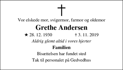 Dødsannoncen for Grethe Andersen - Gedved pr. Horsens
