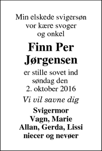 Dødsannoncen for Finn Per Jørgensen - Horsens