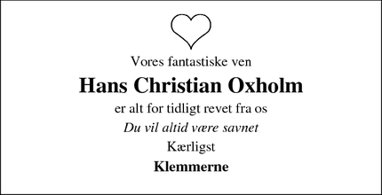 Dødsannoncen for Hans Christian Oxholm - HORSENS