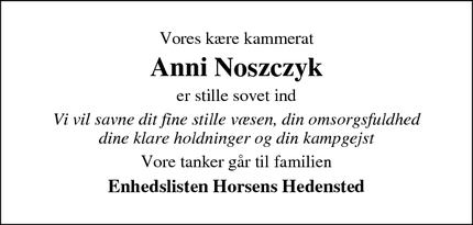 Dødsannoncen for Anni Noszczyk - Horsens