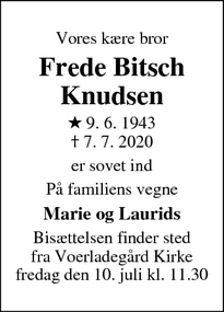 Dødsannoncen for Frede Bitsch Knudsen - Tørring