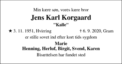 Dødsannoncen for Jens Karl Korgaard - Gram