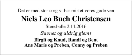 Dødsannoncen for Niels Leo Buch Christensen - Horsens