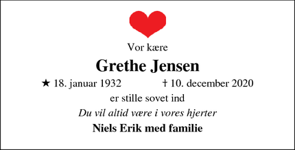 Dødsannoncen for Grethe Jensen - Horsens