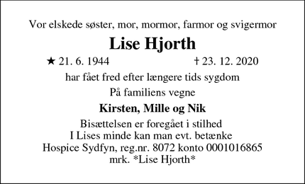 Dødsannoncen for Lise Hjorth - Horsens