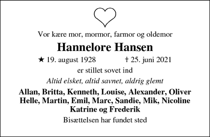Dødsannoncen for Hannelore Hansen - Horsens