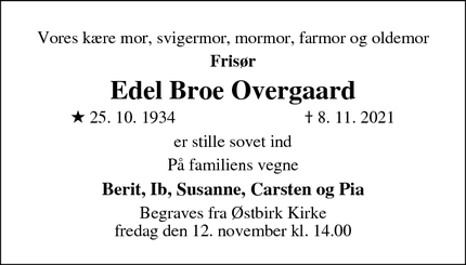 Dødsannoncen for Edel Broe Overgaard - Vejle Øst