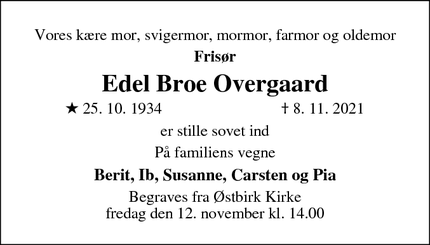 Dødsannoncen for Edel Broe Overgaard - Vejle Øst