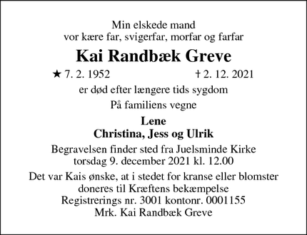 Dødsannoncen for Kai Randbæk Greve - Juelsminde