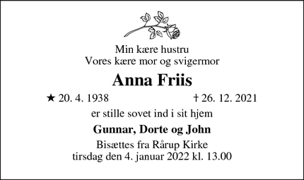 Dødsannoncen for Anna Friis - Hjørring