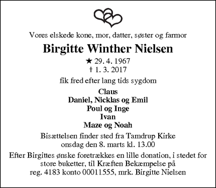 Dødsannoncen for Birgitte Winther Nielsen - Lund