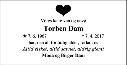 Dødsannoncen for Torben Dam - Løsning