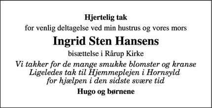 Taksigelsen for Ingrid Sten Hansens - Hornsyld