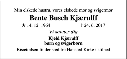Dødsannoncen for Bente Busch Kjærulff - Rårup